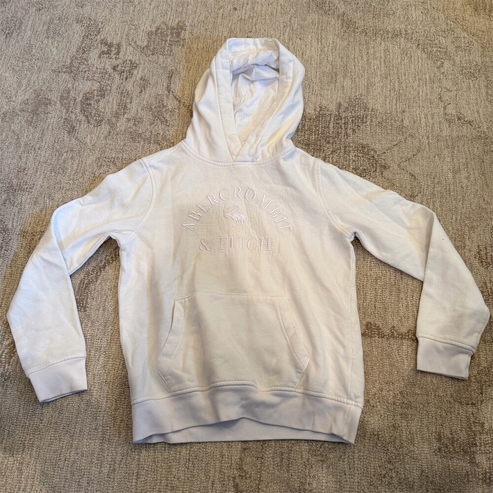 Abercrombie Kids Hoodie Boys Size 13/14 Ivory Embossed Logo Kangaroo